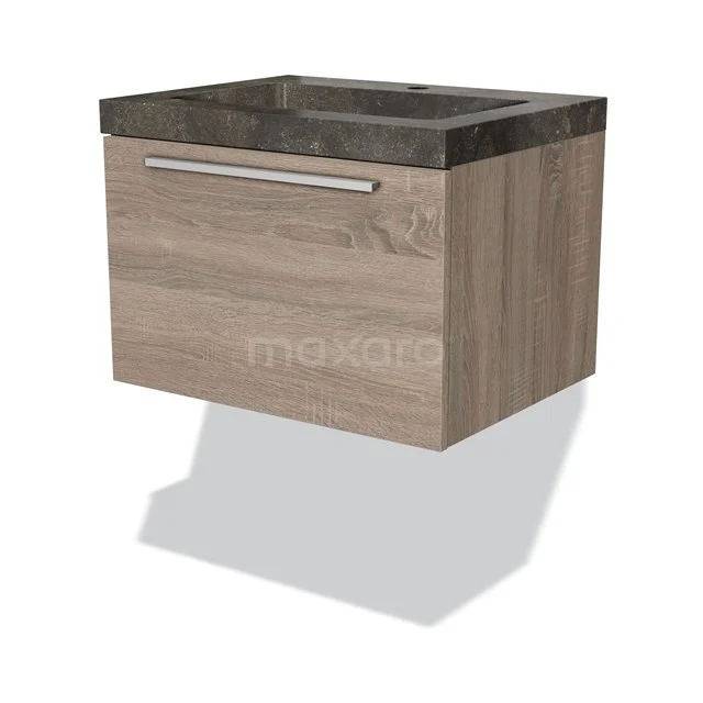 Wooden bathroom unit with drawers, modern wall unit with dark stone basin, ideal for stylish bathroom storage.