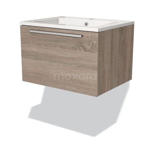 Wooden bathroom unit with drawers, natural-look, white ceramic basin, wall-mounted, modern design.