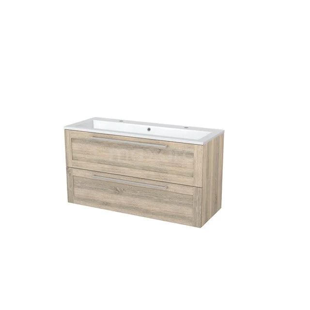 Badmöbel 120cm Modulo+ Eiche 2 Schubladen Rahmen Waschbecken Mineralguss BMP005533 Holz-Badmöbel mit doppeltem weißen Waschbecken, zwei breiten Schubladen und modernem Design aus der Nordic-Serie.