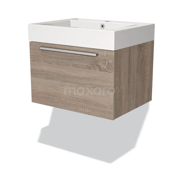 Holz-Badmöbel mit Schublade und integriertem Waschbecken, modernes Aussehen, ideal für kompakte Bäder.