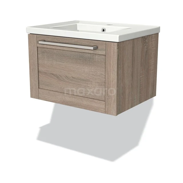 Modulo Bathroom furniture with sink | 60 cm Oak Frame front Ceramic 1 drawer BMW11-00526 Wooden bathroom unit with oak look, integrated ceramic sink and sleek drawers, perfect for modern bathroom spaces.
