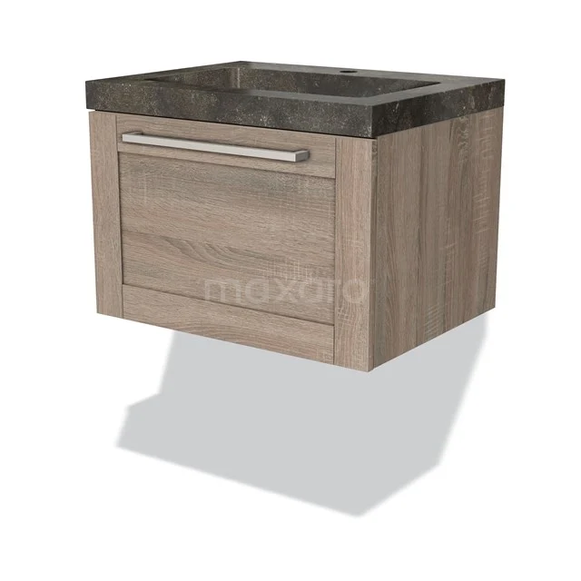 Holz-Badmöbel mit Dunkelgrau Waschtischplatte, schwebendes Design und metallischem Haltegriff, ideal für ein modernes Badezimmer.