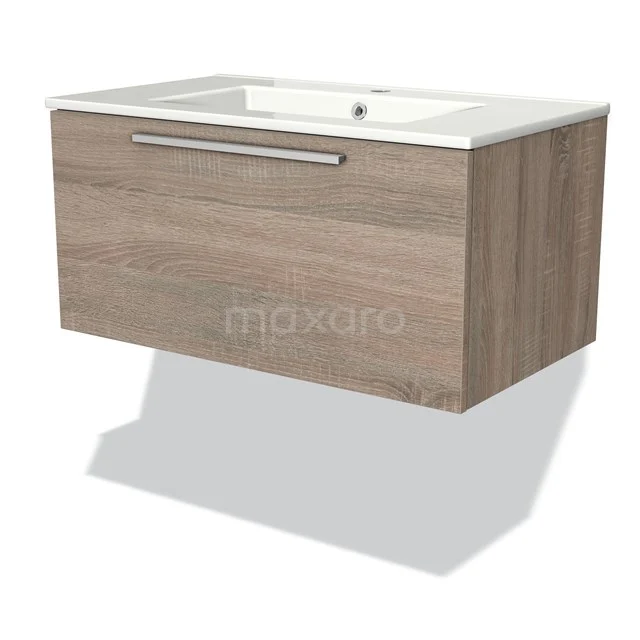 Wooden bathroom unit with drawers, vanity units with basin made of ceramic and silver handle, hanging design in light oak look.