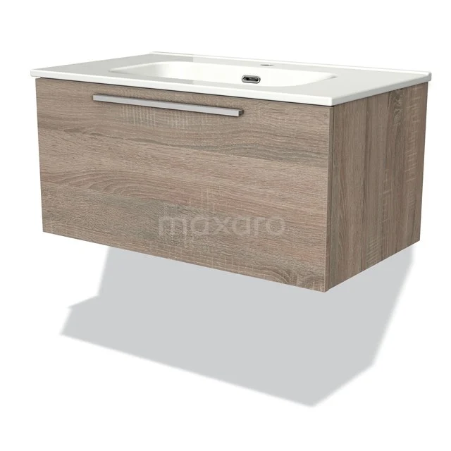 Holz-Badmöbel mit Schublade und weißem Waschbecken, Serie Modern Chic, perfekt für ein stilvolles und praktisches Badezimmer.