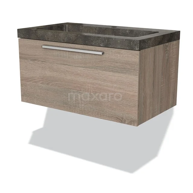 Hängendes Eichen-Badmöbel mit dunklem Marmor-Waschbecken, modernes Design und schlankem Metallgriff.