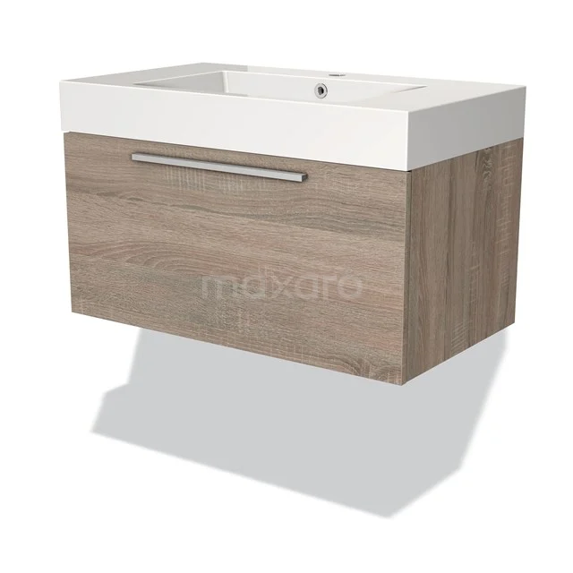 Holz-Badschrank mit weißem Waschbecken, schlichtes Design, Schublade mit Metallgriff, Wandmontage. Perfekt für moderne Bäder.