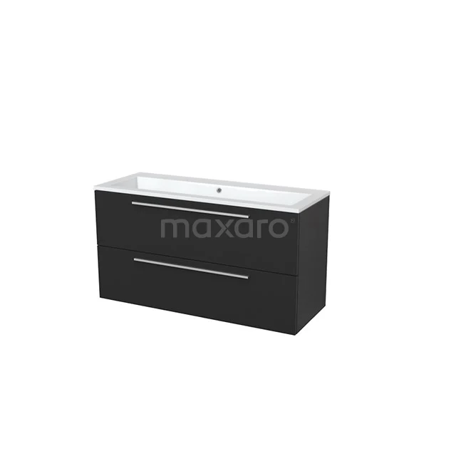 Black bathroom cabinet with double drawers and white ceramic basin, sleek design, ideal for modern bathrooms.