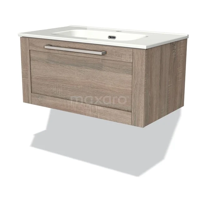 Modulo Waschtische | 80 cm Eiche Rahmen front Keramik 1 Schublade BMW11-00551 Holz-Badmöbel mit Schublade, hängend, helle Eiche-Oberfläche und weißem keramischen Waschbecken für moderne Badezimmergestaltung.