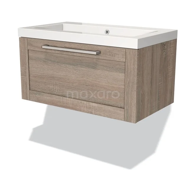 Modulo Waschtische | 80 cm Eiche Rahmen front Mineralguss 1 Schublade BMW11-00555 Wandhängendes Badezimmermöbel aus Eiche mit weißem keramischen Waschbecken, ausgestattet mit einer geräumigen Schublade mit metallischem Haltegriff.