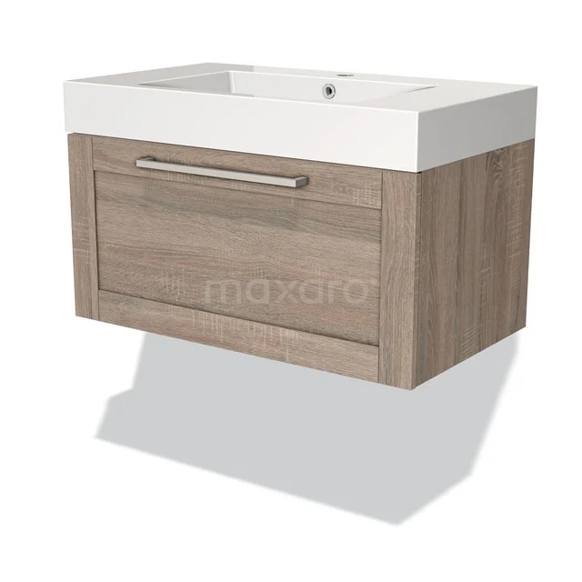 Modulo Waschtische | 80 cm Eiche Rahmen front Mineralguss 1 Schublade BMW11-00558 Holz schwebendes Badezimmermöbel mit weißem keramischen Waschbecken, ausgestattet mit einer Schublade mit metallischem Haltegriff.