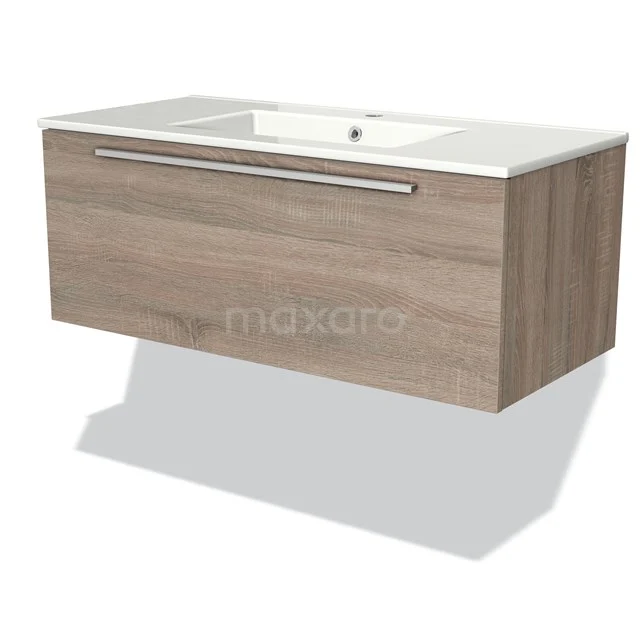 Holz Badmöbel mit Waschbecken, hängendes Design, helle Eiche Optik und integrierte Schublade für optimale Badezimmerlagerung.