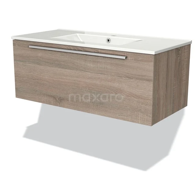 Holz Badezimmermöbel mit geräumigem weißen Waschbecken, modernes Design, mit Schublade und Haltegriff, ideal für ein stilvolles Badezimmer.