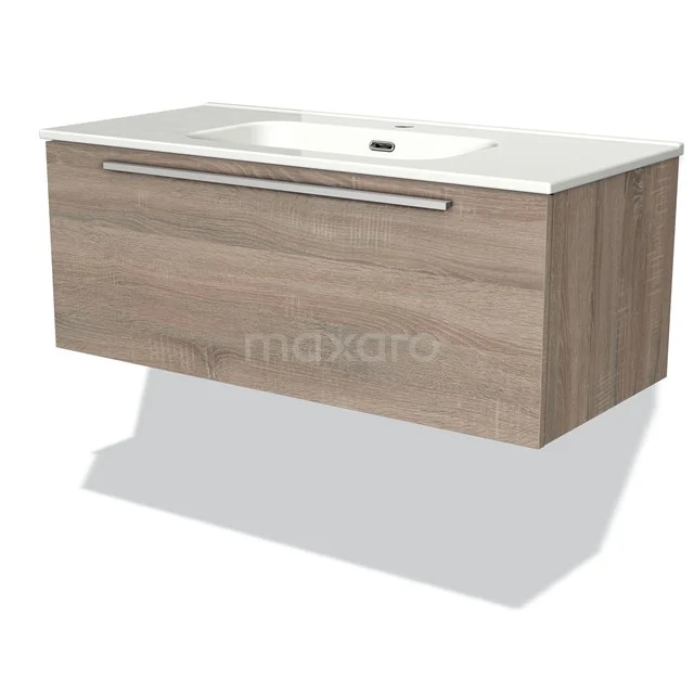 Wooden bathroom unit with oak look, floating design, white vanity units with basin and sleek chrome handle.