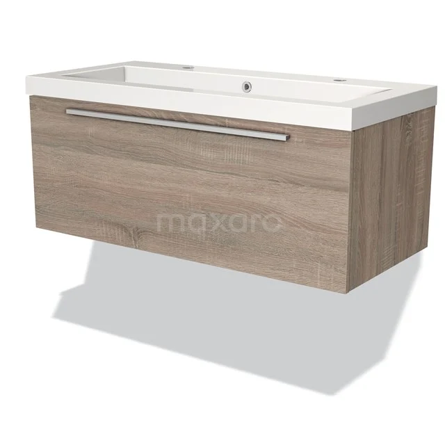 Holz-Waschbeckenunterschrank mit Schublade, heller Eichenoberfläche und integriertem weißen Waschbecken für modernen Badezimmerstil.