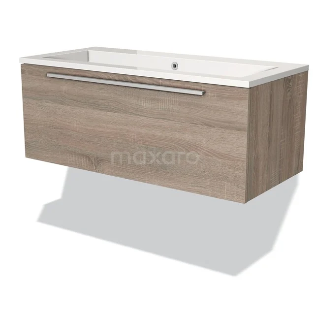 Wooden bathroom unit with wide drawers, light oak colour and white basin; ideal for modern bathroom renovations.