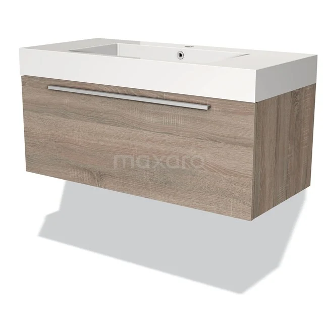 Wooden vanity unit with drawer, modern Oak finish and integrated porcelain basin, perfect for any bathroom.