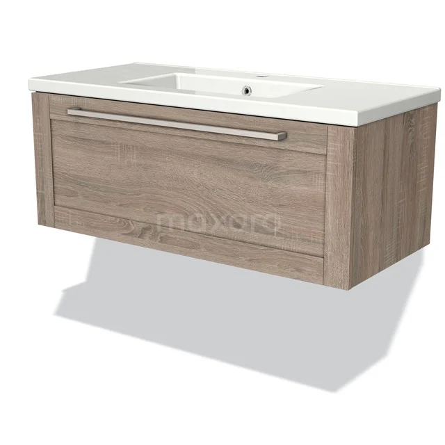 Wooden bathroom unit with wide drawers, modern rectangular shape and white ceramic basin; ideal for stylish bathrooms.