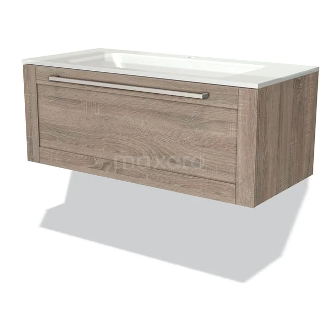 Wooden Bathroom unit with drawers in natural Oak, including white ceramic basin, ideal for modern bathrooms.