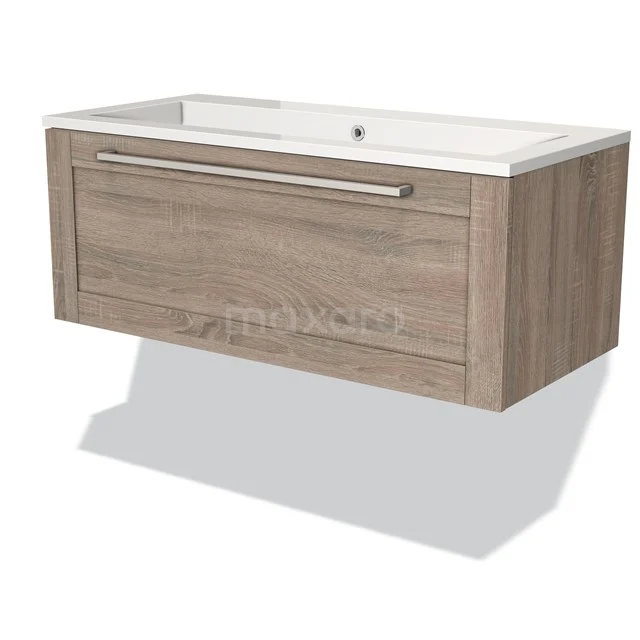 Hölzernes Badmöbel mit Waschbecken, Eichenlook, Wandmontage, breites Modell, ausgestattet mit metallischem Haltegriff und modernem Erscheinungsbild.