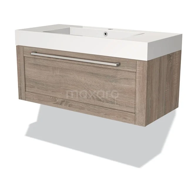Modulo Vanity units with basin | 100 cm Oak Frame front Mineral marble 1 drawer BMW11-00588 Wooden bathroom unit with drawers, natural oak colour, integrated white basin and modern metal handle.