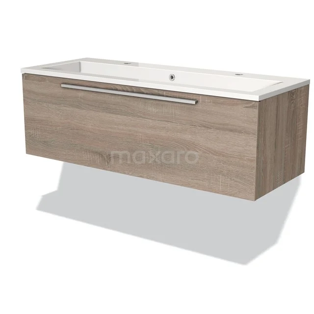 Modulo Vanity units with basin | 120 cm Oak Flat front Mineral marble 1 drawer BMW11-00594 Wooden Bathroom unit with wide drawers, oak look, integrated vanity units with basin and sleek chrome handle, ideal for modern bathrooms.