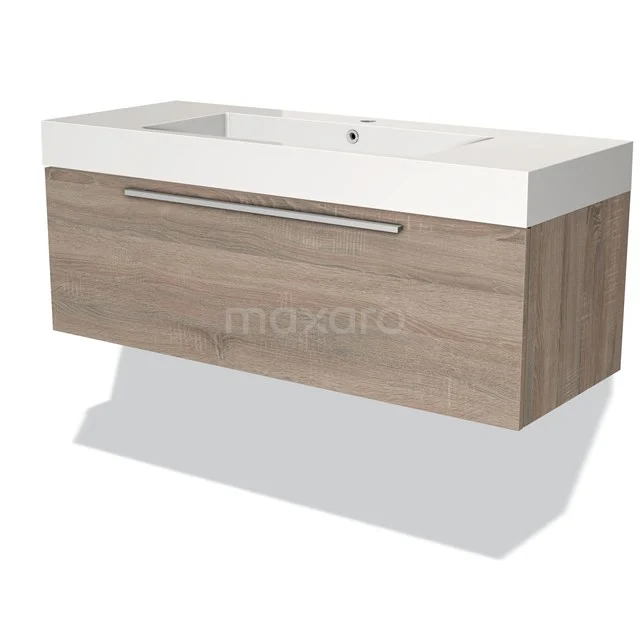Modulo Waschtische | 120 cm Eiche Flach front Mineralguss 1 Schublade BMW11-00595 Holz Badezimmermöbel mit weißem keramischen Waschbecken, modernes Design und metallischem Haltegriff, ideal für ein stilvolles Badezimmer.