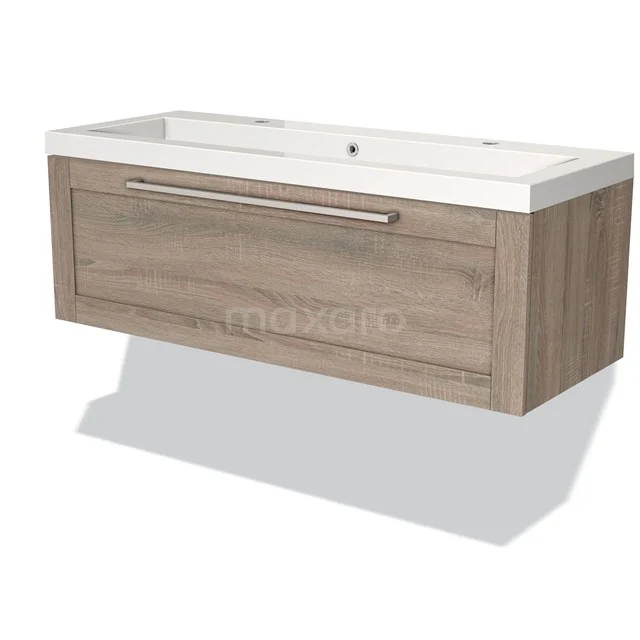Wooden bathroom unit with drawers, modern design in oak look, integrated basin, ideal for a stylish bathroom.