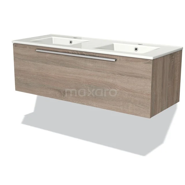 Wooden vanity units with double basin, rectangular design and metal handle, ideal for modern bathrooms.