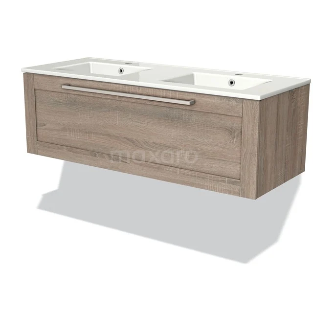 Modulo Waschtische | 120 cm Eiche Rahmen front Keramik 1 Schublade BMW11-00616 Hölzernes Doppelwaschtischmöbel mit Softclose-Schubladen und weißen keramischen Aufsatzwaschbecken, ideal für moderne Badezimmergestaltung.