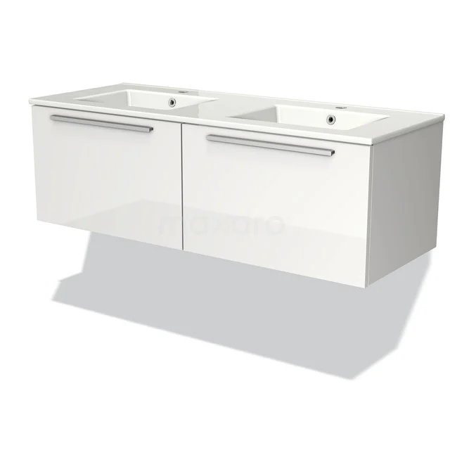 White floating bathroom unit with double basin and metal handles, modern design made of durable materials.