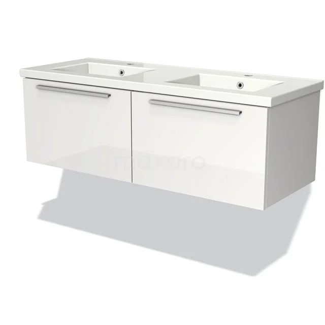 White floating vanity set with double sink, clean lines, chrome handles and glossy finish for a modern bathroom.