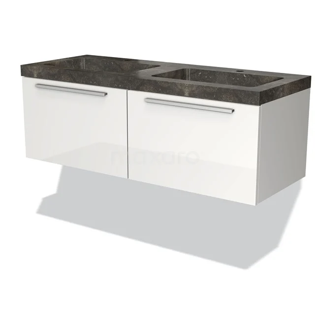Weißes hängendes Badmöbel mit schwarzer Marmorplatte und doppelter Schublade, ideal für einen modernen Badezimmerstil.