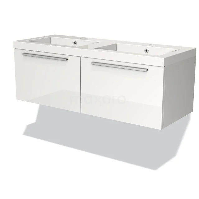 White bathroom unit with double basin, glossy finish and modern design, ideal for spacious bathroom set-ups.