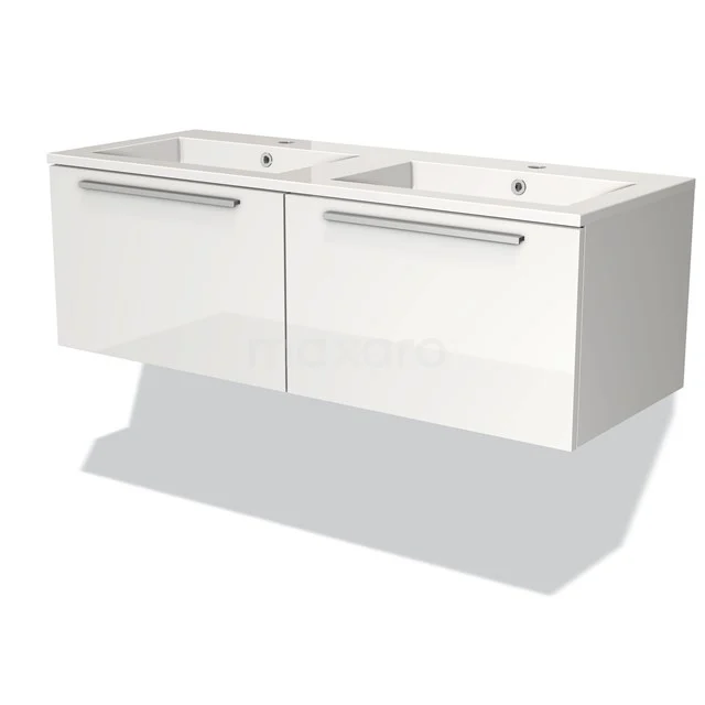 White floating bathroom unit with double basin and chrome handles, minimalist design from the modern Cube Series.