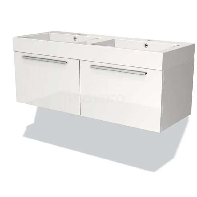 Double basin in white with drawer unit, high-gloss finish and modern design, perfect for a stylish bathroom design.