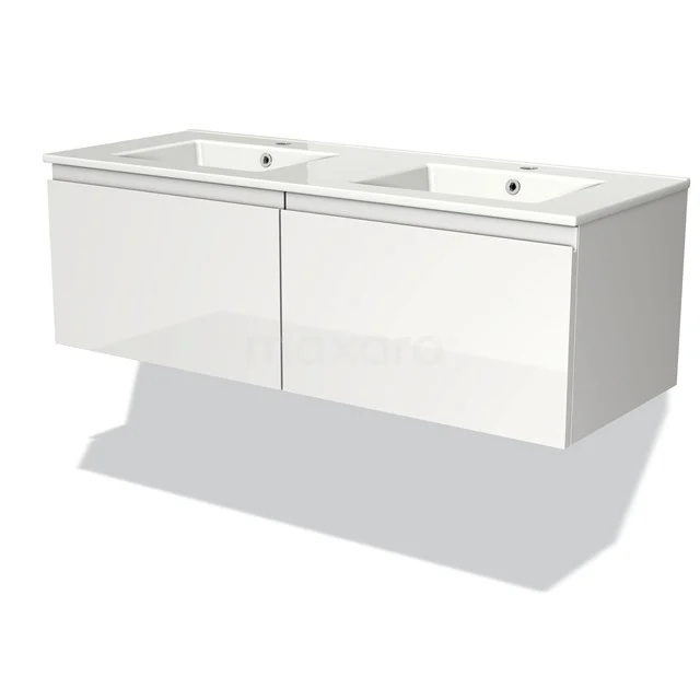 Double white bathroom furniture set with glossy finish and two integrated basins, modern and sleek design.