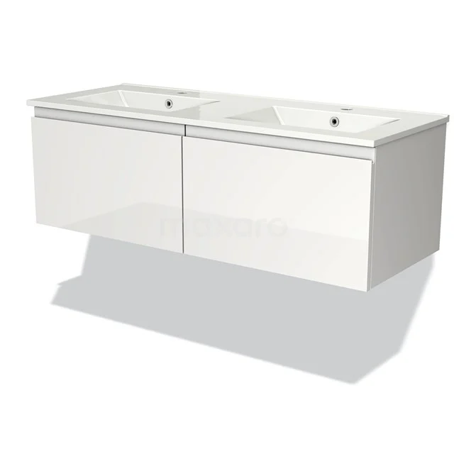 Weißes Badezimmermöbel mit Doppelwaschbecken aus Keramik, modernes Design und Wandmontage aus der modernen LuxeLine-Kollektion.