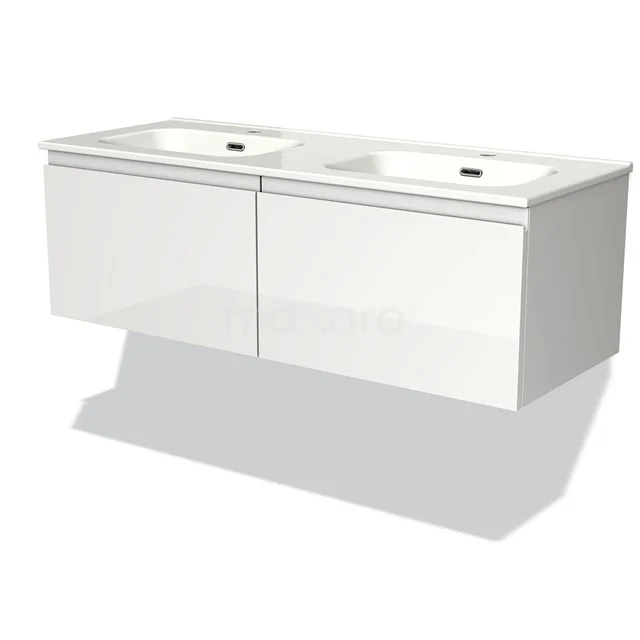 Weißes schwebendes Badezimmermöbel mit Doppelwaschbecken, schlankes Design, glänzende Oberfläche und moderne Schubladen.