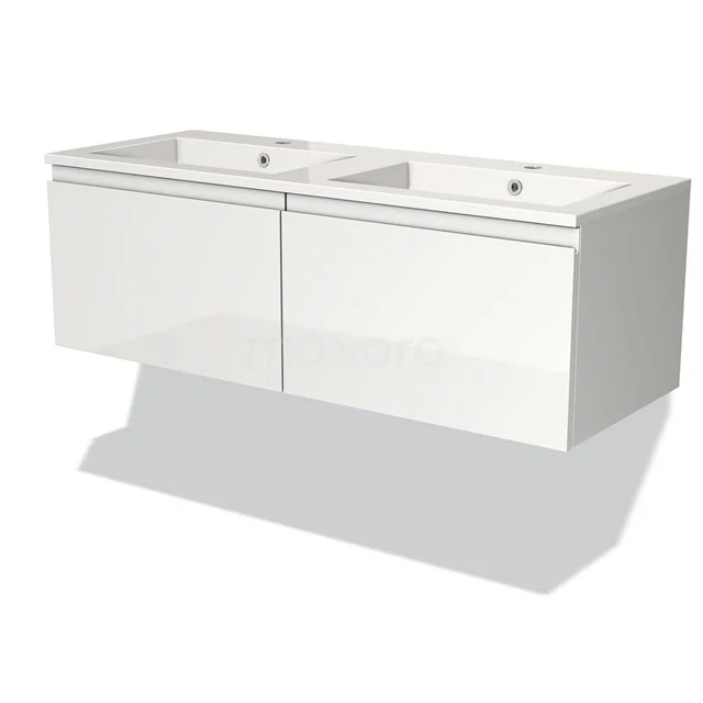 Double white basin base cabinet, modern design, wall-mounted, ideal for bathroom storage, high-gloss finish.