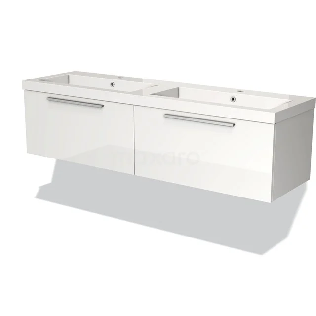 White double vanity unit with modern design, glossy finish and integrated storage drawers for stylish bathroom design.