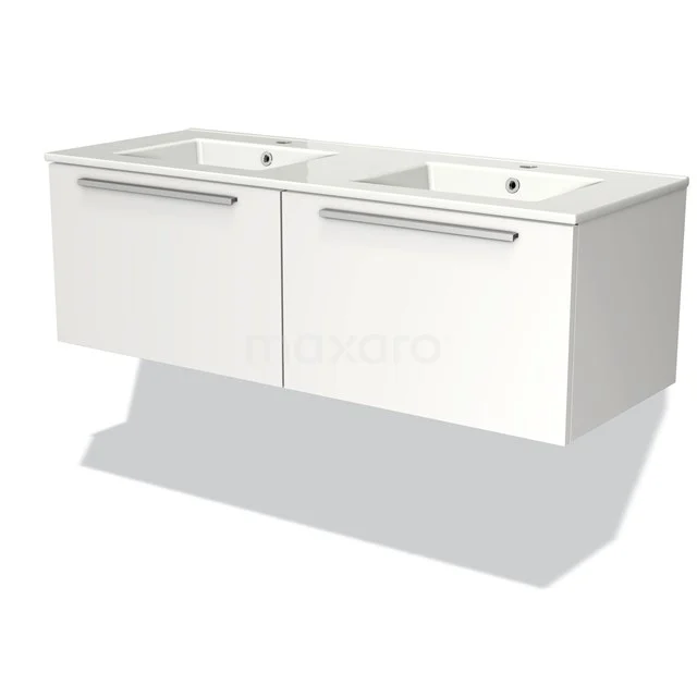 White double bathroom unit, wall-mounted, with two vanity units with basins and drawers, modern design, ideal for stylish bathrooms.