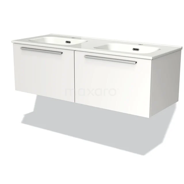 White hanging bathroom unit with double basin, minimalist design, ideal for modern bathroom design.