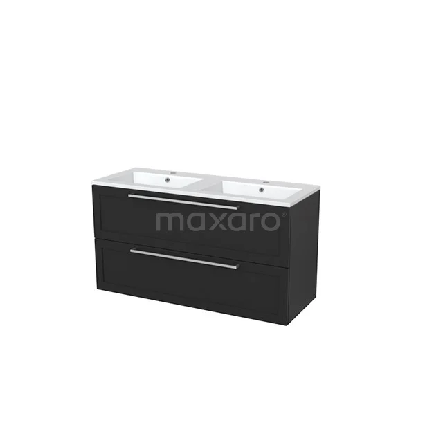 Modulo+ Bathroom furniture with sink | 120 cm Carbon Frame front Mineral marble 2 Stacked drawers BMP005545 Black double vanity unit with ceramic sink, two drawers and sleek design; ideal for modern bathrooms.