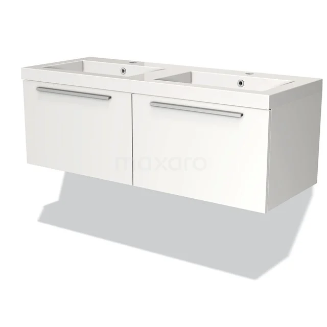 Badmöbel 120cm Modulo Matt Weiß 2 Schubladen Flaches Waschbecken Mineralguss BMW12-00048 Weißes Doppel-Badezimmermöbel mit zwei Waschbecken und minimalistischen Schubladen, modernes Design und Wandmontage für stilvolle Bäder.