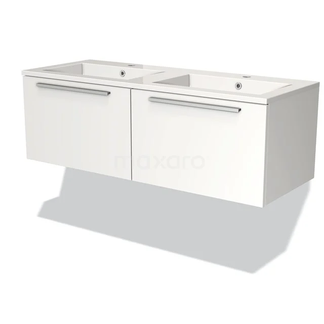 White hanging bathroom unit with double basin worktop, two drawers and sleek handles for a modern bathroom.