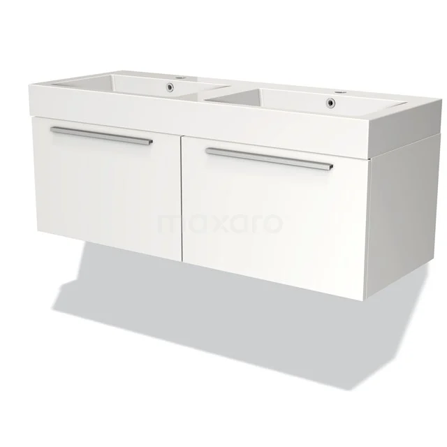 Badmöbel 120cm Modulo Matt Weiß 2 Schubladen Flaches Waschbecken Mineralguss BMW12-00050 Weißes hängendes Badezimmermöbel mit Doppelwaschbecken, Softclose-Schubladen und chromfarbenen Griffen, modernes Design.