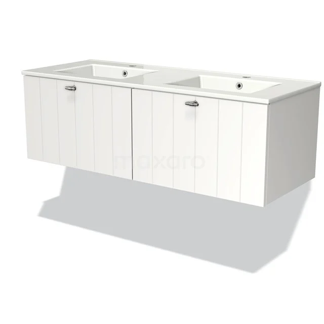 White wooden vanity units with double basin, minimalist design and handy storage space.