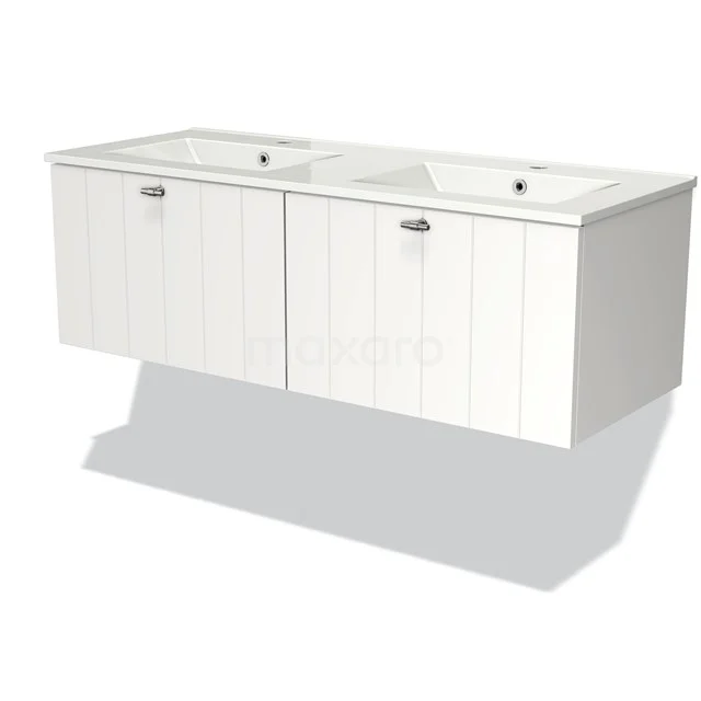 White floating bathroom unit with double basin, sleek design and wood-look front panels, perfect for modern bathrooms.