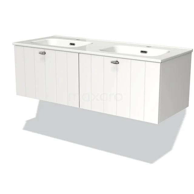 Double basin white bathroom furniture set with basin, modern design, handleless doors and elegant matte surface.