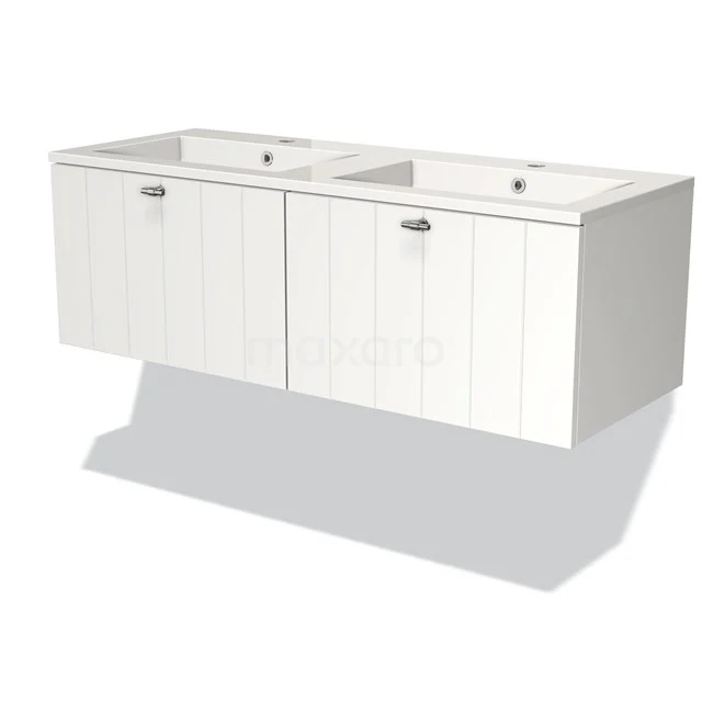 Modulo Bathroom furniture with sink | 120 cm Matte white Slat front Mineral marble 2 Side-by-side drawers BMW12-00061 White wooden Bathroom unit with double sink, modern panel doors and metal handles, ideal for a stylish bathroom.
